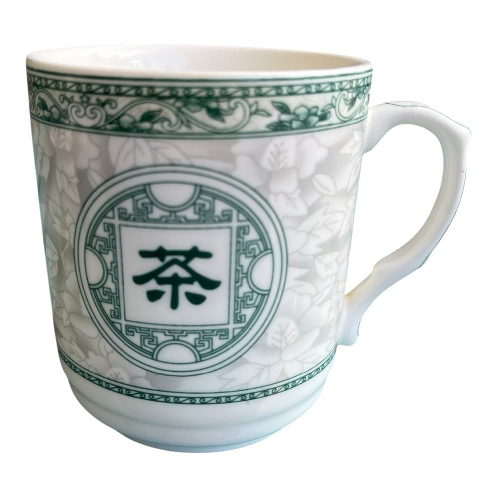 Vintage Green White Porcelain Tea Cup‎ Mug Asian Floral Design